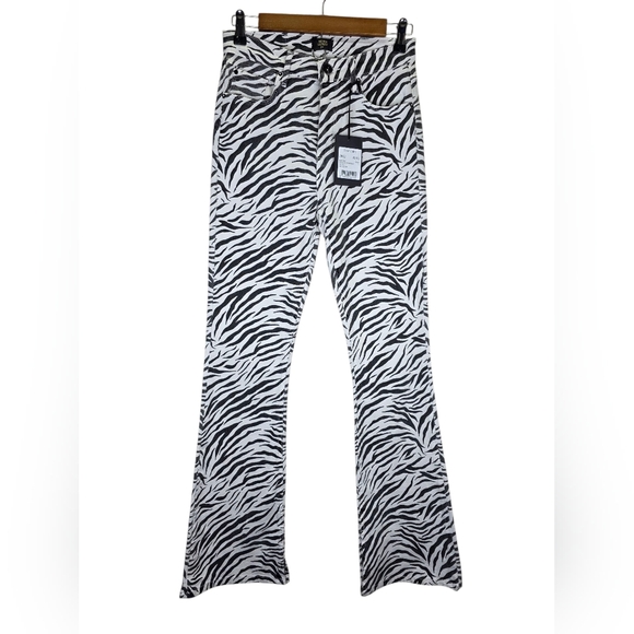 NWT Seven Sisters Zebra Trousers Long Flare Slits Off White Black Size 29/32 - Picture 1 of 13